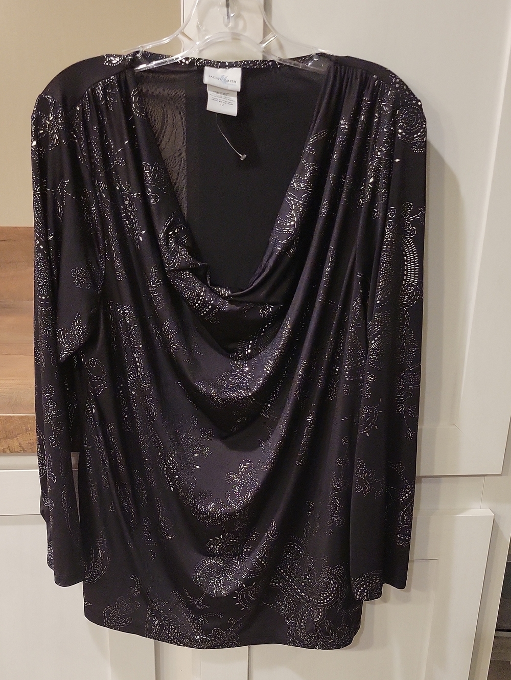 Jaclyn Smith Black Long Sleeve Draped Neck Blouse with Metallic Paisley